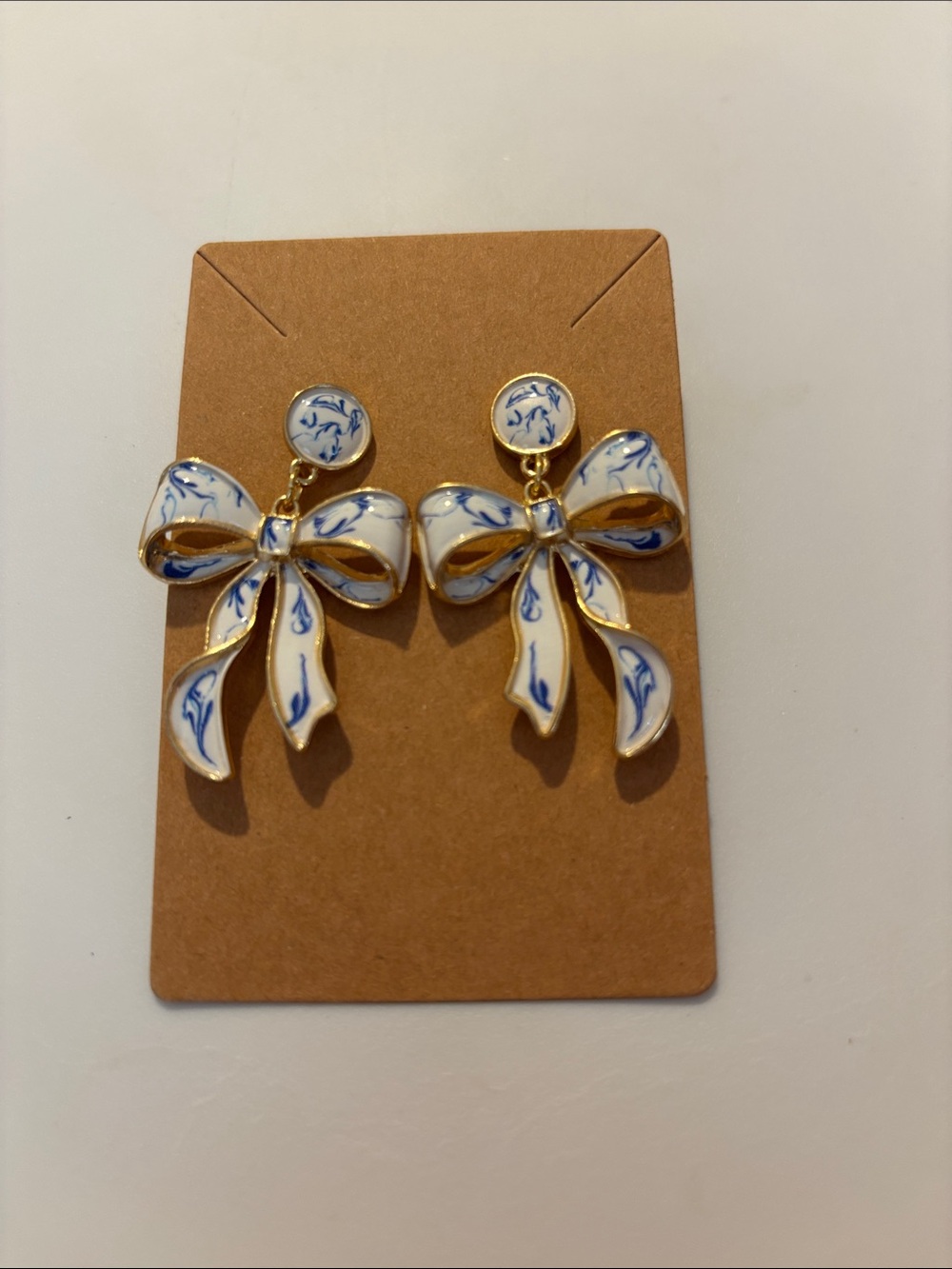 Fashion Jewelry Gold-Tone Bow Drop Earrings with White and Blue Enamel - Picture 4 of 5